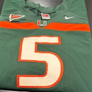 Nike University of Miami Football Jersey with Orange/ Green & White #5